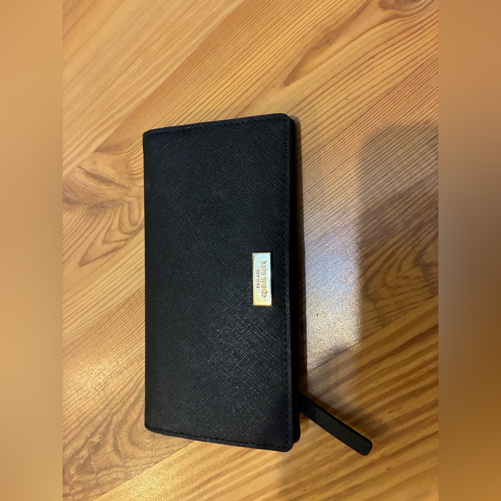 Kate Spade Black Saffiano Zip Around Wallet with Gold Plate
